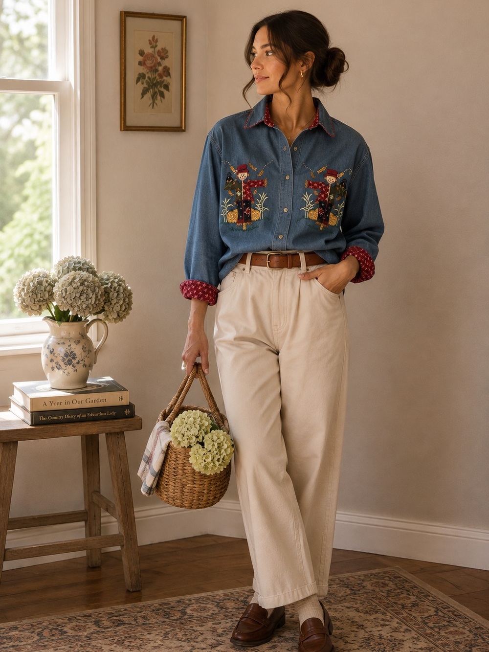Vintage Grandma Fall Embroidered Denim Button-Up Shirt with Scarecrow Motif